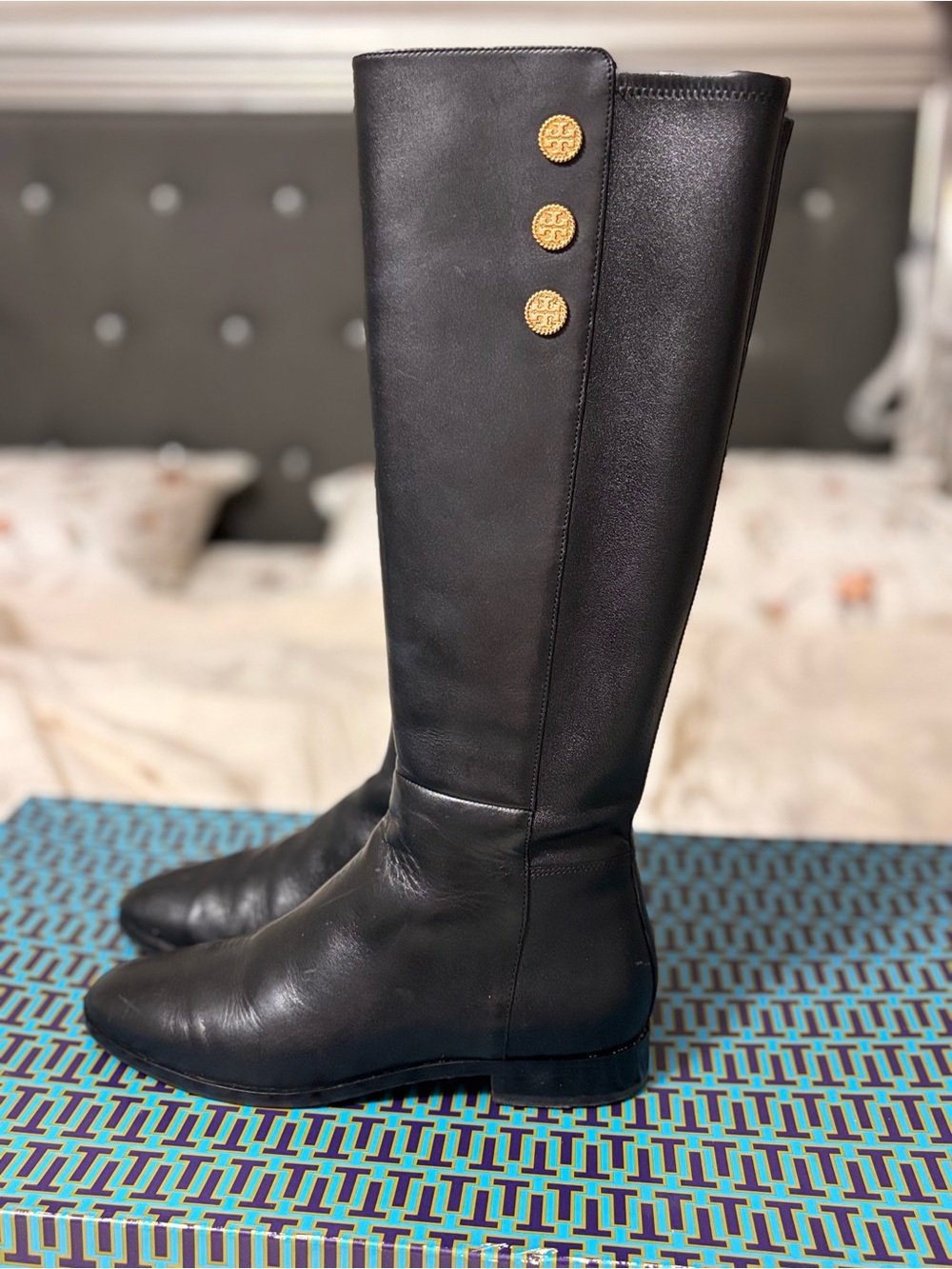 Tory Burch Black Leather Knee-High Boots with Gold Logo Buttons
